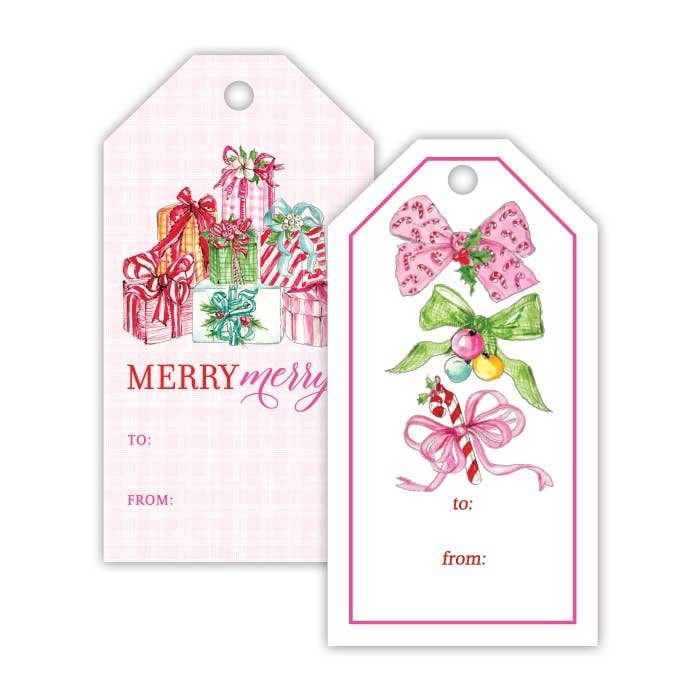 Handpainted Pink & Green Christmas Bows Gift Tag