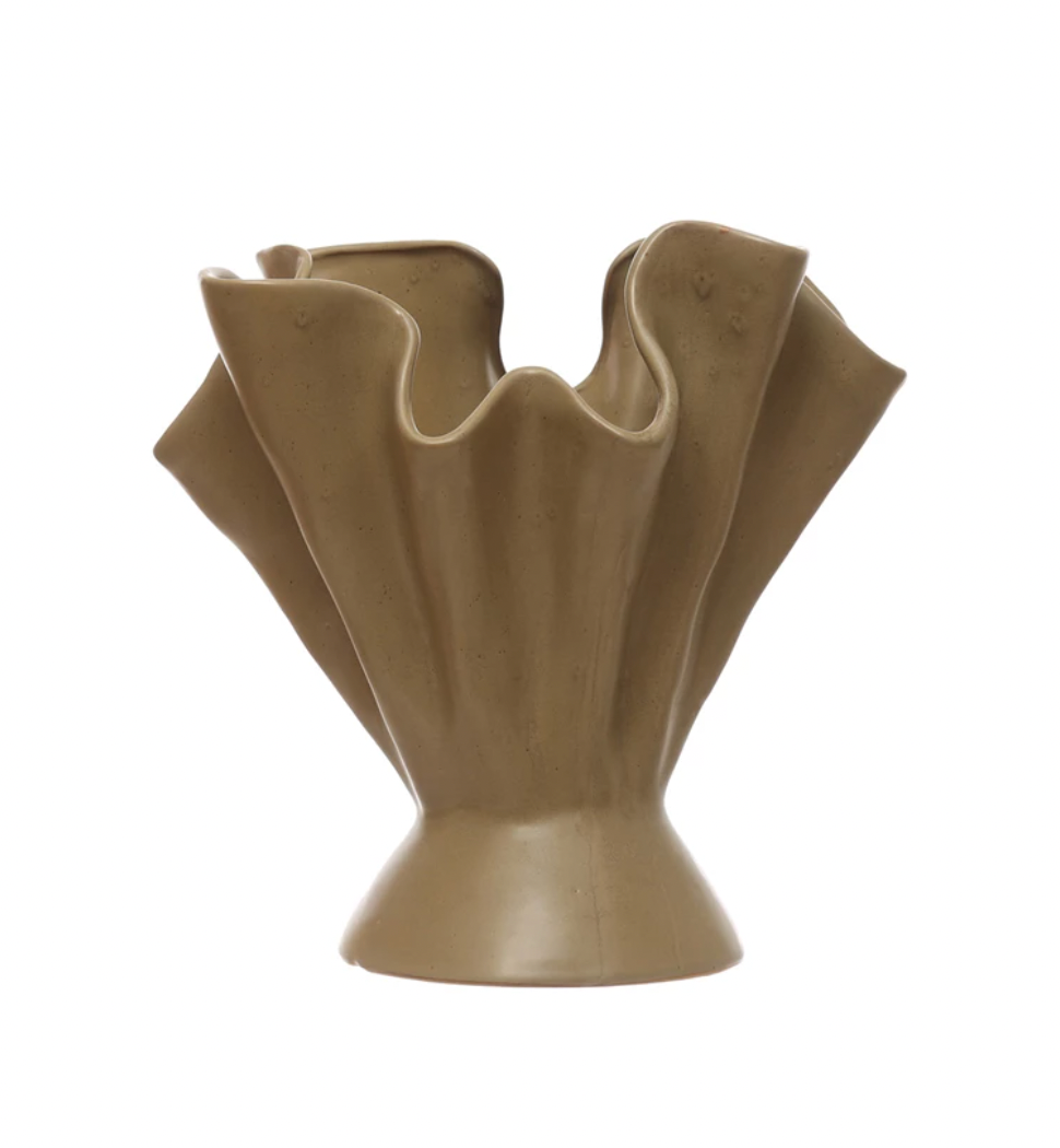 Stoneware Ruffled Vase, Reactive Glaze, Sage Color (Each One Will Vary)