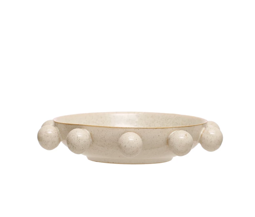 Stoneware Bowl w/ Orbs, Reactive Glaze, Cream Color Speckled (Each One Will Vary)