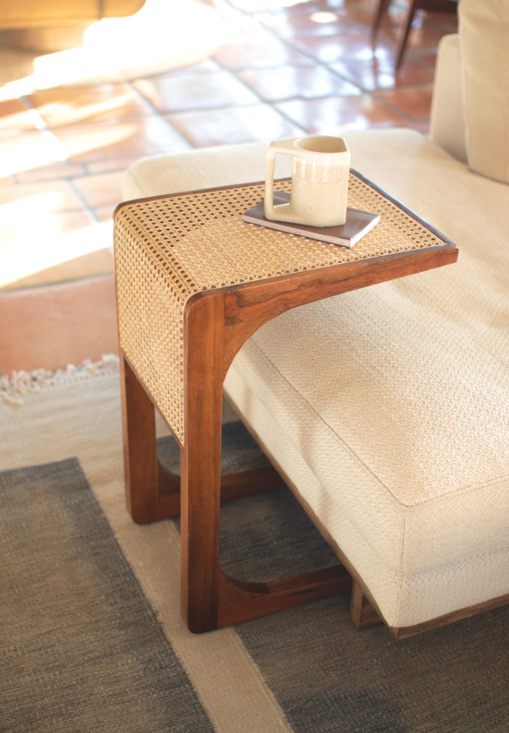 Wood Side Table with Woven Cane Detail