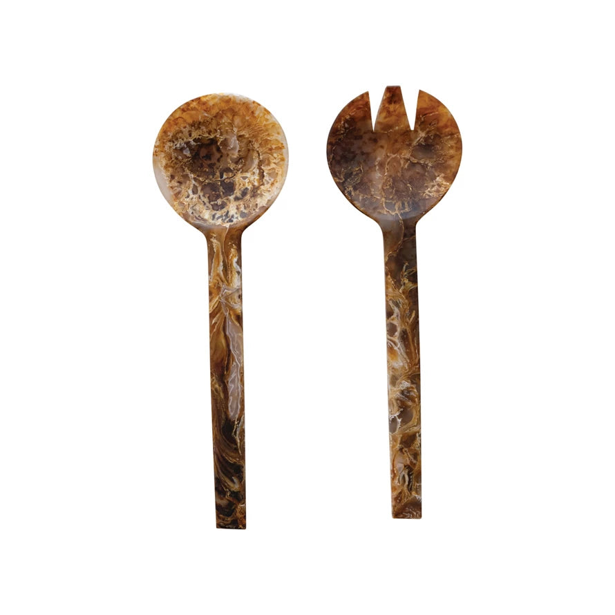 Resin Salad Servers, Matte Marbled Brown, Set of 2