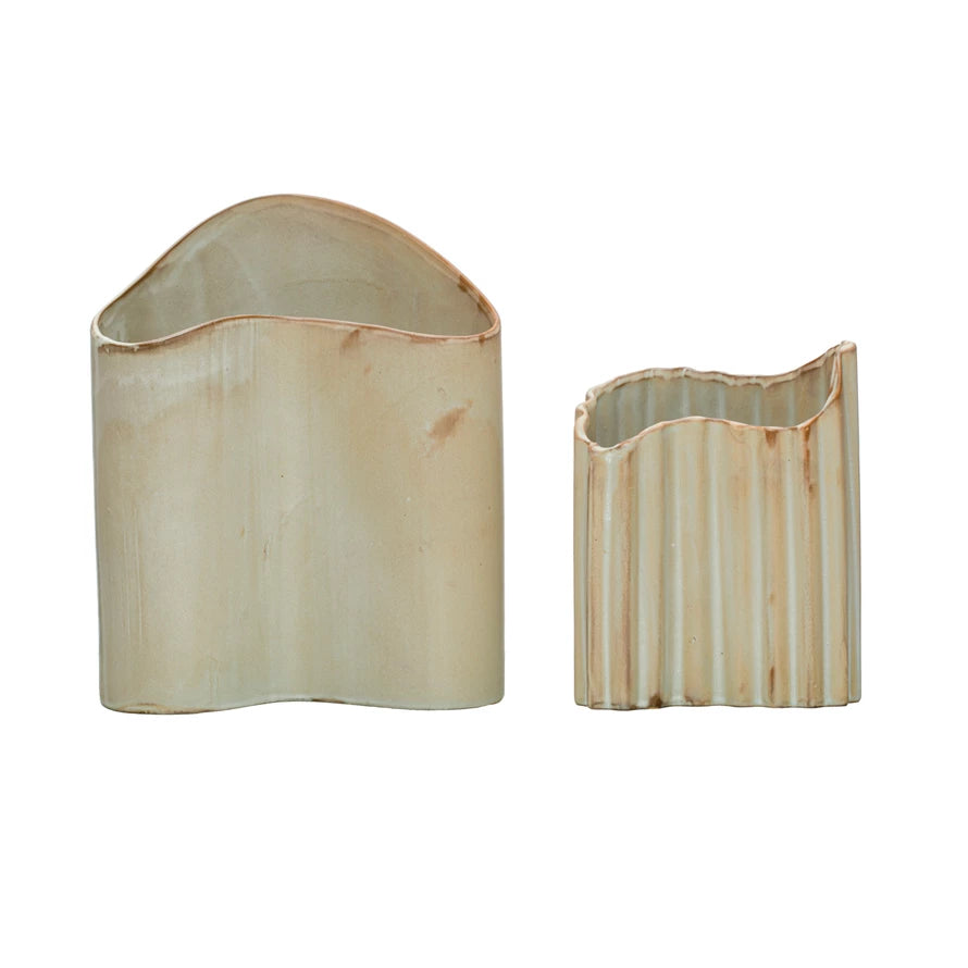 Stoneware Organic Shaped Vases, Reactive Glaze, Beige, Set of 2 (Each One Will Vary)