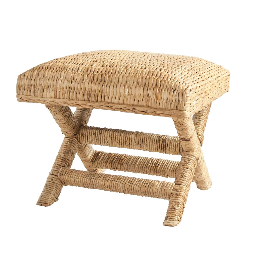 Woven Water Hyacinth and Wood Stool